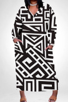 Black And White Casual Print Pocket Patchwork V Neck Straight Plus Size Dresses
