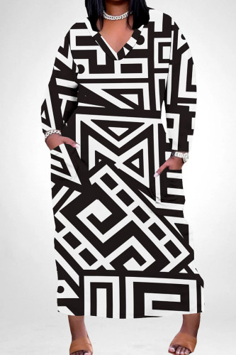 Black And White Casual Print Pocket Patchwork V Neck Straight Plus Size Dresses