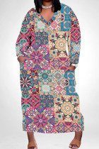 Blue Pink Casual Print Pocket Patchwork V Neck Straight Plus Size Dresses