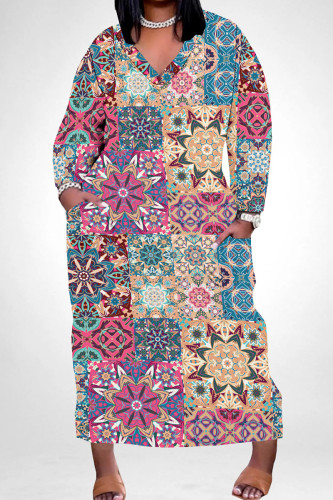 Blue Pink Casual Print Pocket Patchwork V Neck Straight Plus Size Dresses