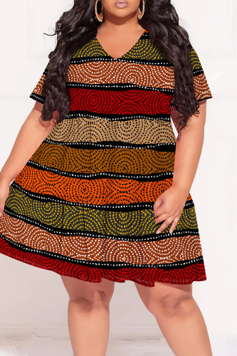 Multicolor Casual Print Patchwork V Neck Printed Plus Size Dresses