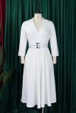 Blue Casual Solid Color With Belt Turndown Collar A Line Dresses