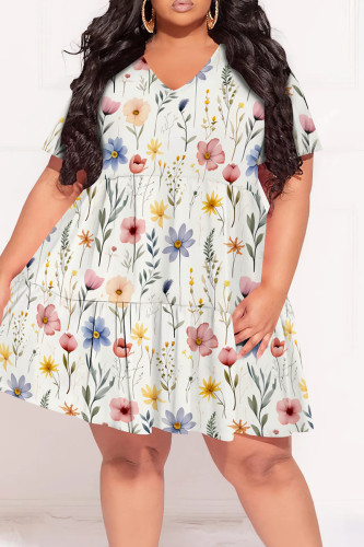 White Street Print Patchwork V Neck A Line Plus Size Dresses