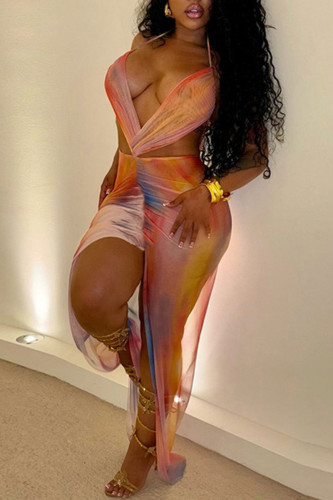 Orange Sexy Print Hollow Out Patchwork Backless High Slit Ruched Halter Long Dresses