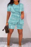 Lake Blue Casual Print Basic O Neck Short Sleeve Two Pieces