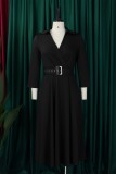 Blue Casual Solid Color With Belt Turndown Collar A Line Dresses