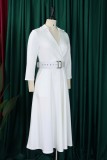 Blue Casual Solid Color With Belt Turndown Collar A Line Dresses