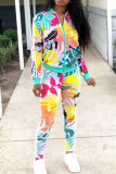 Multi-color Casual Print Pocket Patchwork Zipper Zipper Collar Long Sleeve Two Pieces