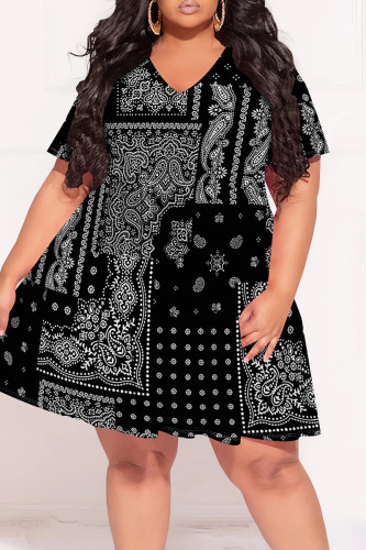 Black And White Casual Print Patchwork V Neck Printed Plus Size Dresses
