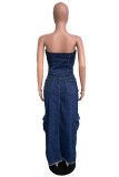 Deep Blue Sexy Casual Solid Color Pocket Backless Slit Strapless Sleeveless Bodycon Denim Dresses