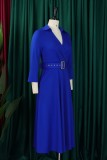 Blue Casual Solid Color With Belt Turndown Collar A Line Dresses