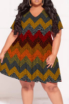 Multicolor Street Print Patchwork V Neck A Line Plus Size Dresses