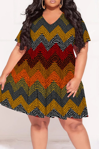 Multicolor Street Print Patchwork V Neck A Line Plus Size Dresses