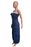 Deep Blue Sexy Casual Solid Color Pocket Backless Slit Strapless Sleeveless Bodycon Denim Dresses