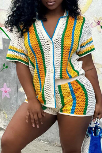 White Yellow Casual Stripe Hollow Out Buckle Patchwork V Neck Short Sleeve Two Pieces