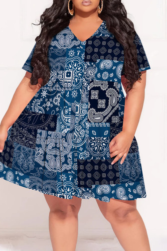 Dark Blue Casual Print Patchwork V Neck Printed Plus Size Dresses