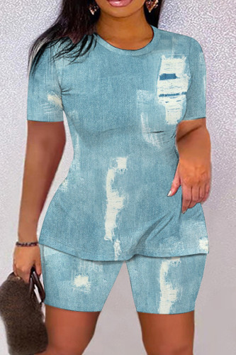 Light Blue Casual Print Basic O Neck Short Sleeve Two Pieces