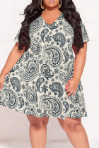 Light Khaki Casual Print Patchwork V Neck Printed Plus Size Dresses