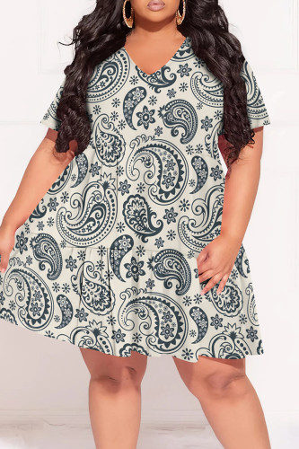 Light Khaki Casual Print Patchwork V Neck Printed Plus Size Dresses