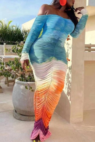 Colour Sexy Gradient Color Patchwork Backless Ruched Off Shoulder Long Dresses