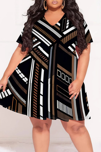 Black Casual Geometric Print Flowers Splashed ink printing Contrast V Neck Printed Plus Size Dresses