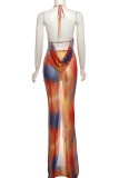 Orange Sexy Print Hollow Out Patchwork Backless High Slit Ruched Halter Long Dresses
