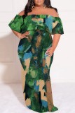 Rose Red Casual Print Patchwork Off Shoulder Long Plus Size Dresses