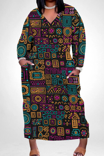 Orange Casual Print Pocket Patchwork V Neck Straight Plus Size Dresses