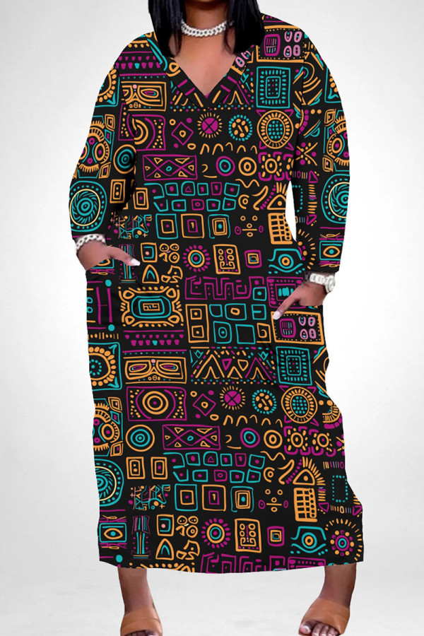 Orange Casual Print Pocket Patchwork V Neck Straight Plus Size Dresses