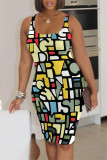 Black Sexy Geometric Print Tropical Print Contrast U Neck Printed Dresses