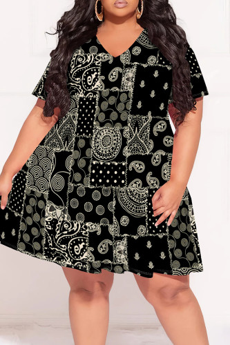 Black khaki Casual Print Patchwork V Neck Printed Plus Size Dresses