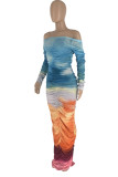 Colour Sexy Gradient Color Patchwork Backless Ruched Off Shoulder Long Dresses