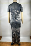 Black White Elegant Print Patchwork Slit Zipper O Neck Wrapped Skirt Dresses