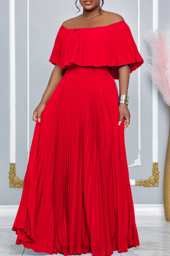 Red Elegant Solid Color Patchwork Backless Pleated Off Shoulder Long Dresses