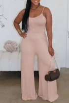 Apricot Casual Solid Color Backless Spaghetti Strap Bodycon Jumpsuits