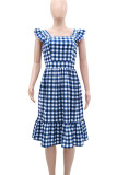 Blue Celebrities Plaid Patchwork Backless Stringy Selvedge Square Neck A Line Dresses