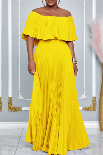 Yellow Elegant Solid Color Patchwork Backless Pleated Off Shoulder Long Dresses