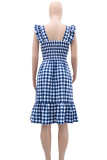 Blue Celebrities Plaid Patchwork Backless Stringy Selvedge Square Neck A Line Dresses