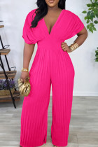 Rose Red Casual Solid Color Patchwork Pleated V Neck Loose Jumpsuits