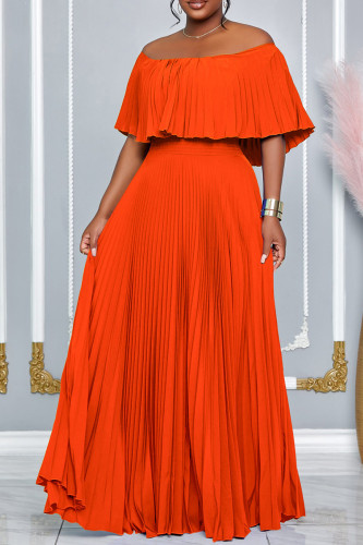 Tangerine Elegant Solid Color Patchwork Backless Pleated Off Shoulder Long Dresses