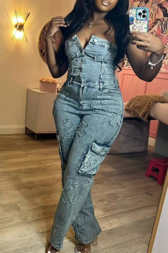 Sky Blue Sexy Pocket Buckle Patchwork Strapless Sleeveless Regular Denim Jumpsuits