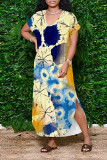 Navy Blue Casual Floral Print Pocket Slit Contrast V Neck Printed Dresses