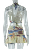 Yellow Sexy Print Patchwork Backless Ruched Deep V Neck Sleeveless Two Pieces