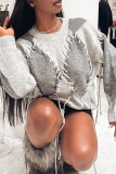 Grey Casual Patchwork Contrast O Neck Tops