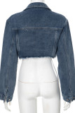 Blue Sexy Solid Color Pocket Buckle Patchwork Turndown Collar Long Sleeve Regular Denim Jacket
