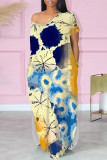Navy Blue Casual Floral Print Pocket Slit Contrast V Neck Printed Dresses