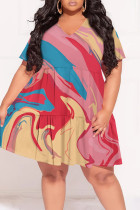 Pink Casual Floral Print Contrast V Neck Printed Plus Size Dresses