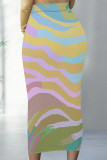 Apricot Elegant Striped Print Contrast Regular High Waist Full Print Bottoms