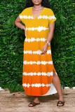 Blue Casual Striped Print Pocket Contrast V Neck Printed Dresses