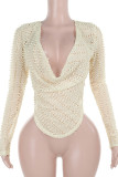 Apricot Sexy Solid Color Hollow Out Patchwork Deep V Neck Tops